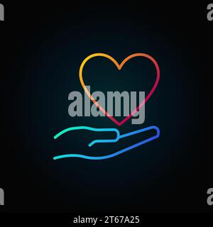 Icona colorata vettoriale a forma di cuore e mano o elemento logo. Segno creativo di beneficenza su sfondo scuro Illustrazione Vettoriale