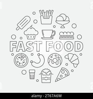Simbolo rotondo del fast food. Illustrazione vettoriale con icone di cibo spazzatura Illustrazione Vettoriale