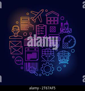 Illustrazione rotonda chiara della logistica - cartellone vettoriale colorato per il concetto di spedizione e consegna in linea sottile su sfondo scuro Illustrazione Vettoriale