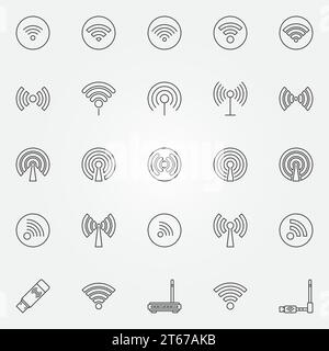 Set di icone Wi-Fi - cartelli concettuali della tecnologia wireless vettoriale o elementi con logo in linea sottile Illustrazione Vettoriale