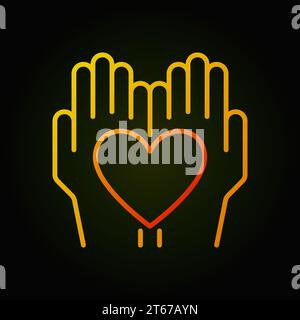Icona luminosa vettoriale con il cuore nelle mani o elemento logo in linea sottile su sfondo scuro Illustrazione Vettoriale