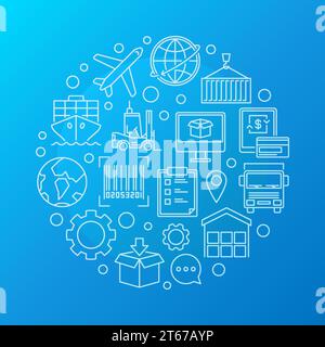Illustrazione colorata della logistica mondiale. Cartello di spedizione e consegna bianco Vector Simple con icone logistiche di contorno su sfondo blu Illustrazione Vettoriale