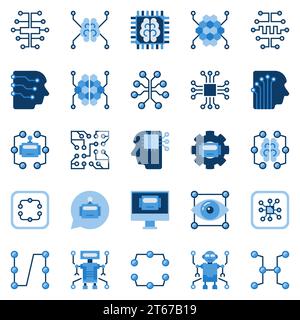 Set di icone piatte dell'intelligenza artificiale. Ai vettoriali e simboli di concetto di apprendimento automatico o elementi di progettazione Illustrazione Vettoriale