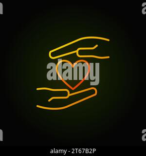 Le mani con l'icona del contorno a forma di cuore. Segno di contorno del concetto di donazione vettoriale e beneficenza su sfondo scuro Illustrazione Vettoriale