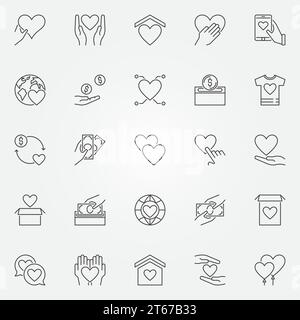 Set di icone per donazioni e beneficenza - i vettori donano simboli concettuali o elementi di design in linea sottile Illustrazione Vettoriale