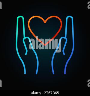 Icona lineare colorata con il cuore nelle mani - donazione vettoriale e beneficenza delineano il concetto di segno su sfondo scuro Illustrazione Vettoriale