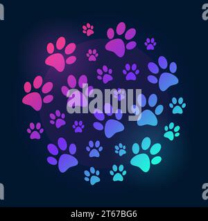 Paw stampa figure rotonde luminose e colorate. Impronte di cani vettoriali, segno circolare su sfondo scuro Illustrazione Vettoriale