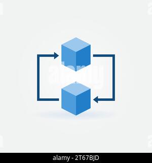 Icona del concetto Blockchain. Due cubi blu vettoriali con il simbolo delle frecce o l'elemento del logo Illustrazione Vettoriale