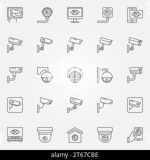 Set di icone CCTV - simboli concettuali o elementi di design della telecamera di sorveglianza vettoriale in linea sottile Illustrazione Vettoriale