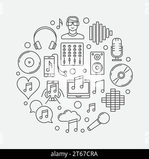 Illustrazione lineare del concetto DJ. Simbolo circolare della musica vettoriale in stile line art Illustrazione Vettoriale
