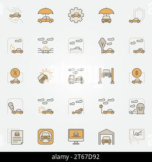 Assicurazione auto icone colorate. Collezione vettoriale di insegne creative assicurative o elementi di design Illustrazione Vettoriale
