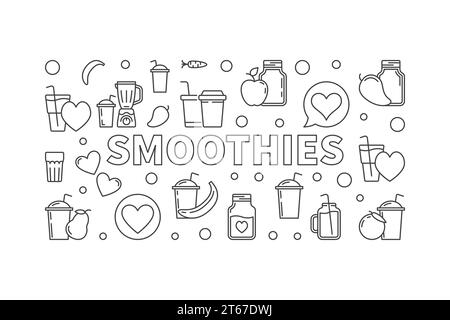 Consente di uniformare il banner orizzontale del concetto vettoriale. Illustrazione realizzata con vasetti per frullato e occhiali con icone delineate Illustrazione Vettoriale
