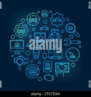 Illustrazione blu rotonda diagnostica veicolo. Simbolo circolare della diagnostica vettoriale per uso automobilistico su sfondo scuro Illustrazione Vettoriale