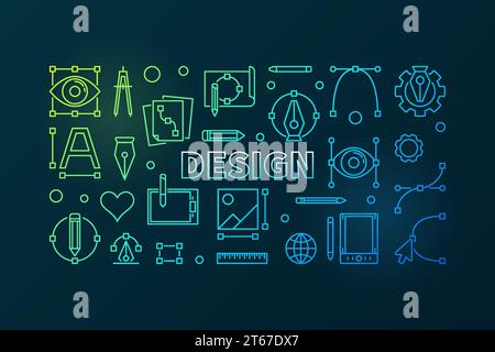 Disegna contorno orizzontale illustrazione luminosa. Grafica vettoriale banner creativo colorato su sfondo scuro Illustrazione Vettoriale