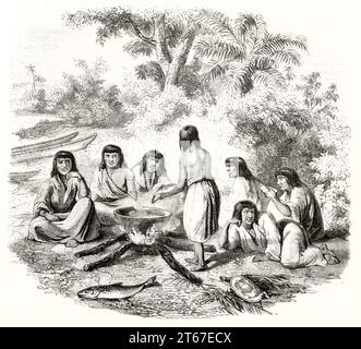 Vecchia illustrazione raffigurante gli indigeni Conibo, nella foresta pluviale amazzonica. Di Deville, publ. Su Magasin Pittoresque, Parigi, 1851 Foto Stock