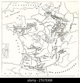 Vecchia mappa delle industrie siderurgiche francesi dodici aree e corsi d'acqua nelle vicinanze. Da autore non identificato, publ. Su Magasin Pittoresque, Parigi, 1851 Foto Stock