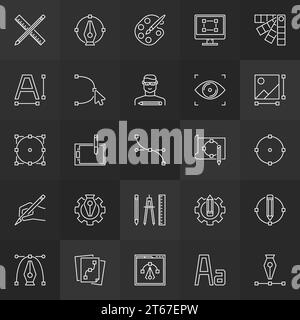 Collezione di icone di design e grafica. Serie vettoriale di segni di contorno del design grafico su sfondo scuro Illustrazione Vettoriale