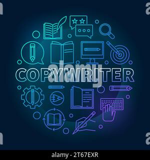 Copywriter illustrazione rotonda blu vettoriale con icone di contorno su sfondo scuro Illustrazione Vettoriale