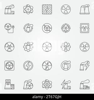 Set di icone per l'energia nucleare - raccolta vettoriale di impianti nucleari, segnali di radiazione ed energia in linea sottile Illustrazione Vettoriale