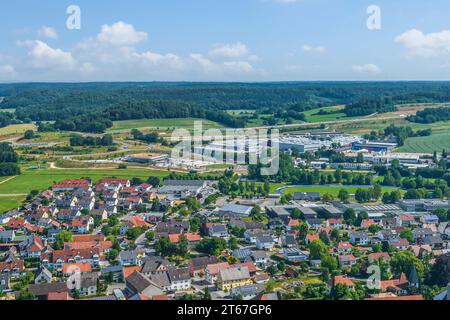 La regione intorno a Zusmarshausen nella valle dello Zusam vicino ad Augusta dall'alto Foto Stock