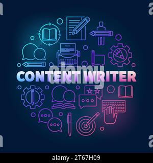 Illustrazione tonda vettoriale di autore di contenuti con icone di contorno su sfondo scuro Illustrazione Vettoriale