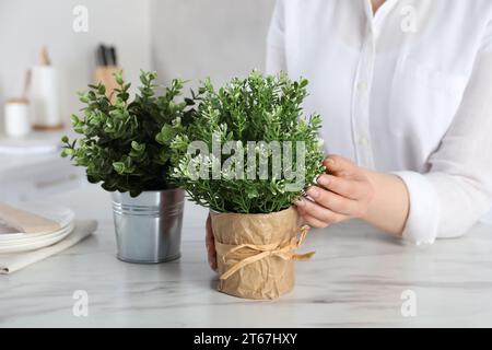 Donna vicino a un tavolo di marmo bianco con diverse erbe artificiali in vaso in cucina, primo piano Foto Stock