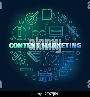 Illustrazione di concetto colorata vettoriale rotonda di Content Marketing realizzata con icone di contorno su sfondo scuro Illustrazione Vettoriale