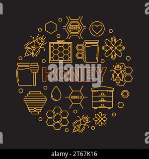 Illustrazione del contorno arrotondato del vettore miele. Icone lineari per il miele di parole e l'apicoltura a forma di cerchio Illustrazione Vettoriale