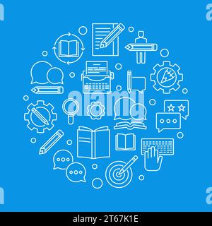 Illustrazione circolare vettoriale per la creazione di contenuti realizzata con icone di scrittura di contorni su sfondo blu Illustrazione Vettoriale