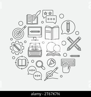 Illustrazione del concetto di copywriter vettoriale circolare realizzata con icone per la scrittura dei contorni Illustrazione Vettoriale