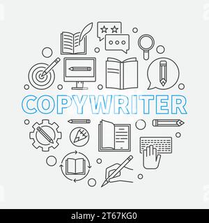 Copywriter illustrazione vettoriale rotonda realizzata con icone di contorno Illustrazione Vettoriale
