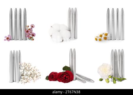 Set di proiettili e bellissimi fiori isolati su bianco Foto Stock
