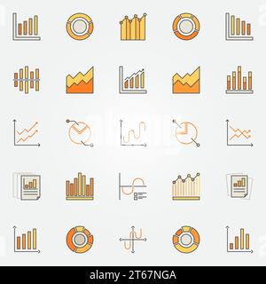 Icone grafiche e diagrammi a colori. Set vettoriale di insegne creative con grafici a barre e a torta. Elementi di progettazione statistica Illustrazione Vettoriale