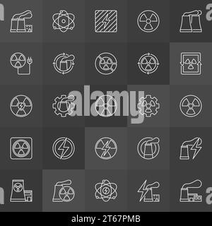 Icone dell'energia nucleare. Gli edifici industriali vettoriali, le centrali elettriche e i simboli delle radiazioni su sfondo scuro Illustrazione Vettoriale
