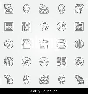 Set di icone salmone. Raccolta vettoriale di una bistecca di trota o di salmone e concetto di filetto delineano simboli o elementi del logo Illustrazione Vettoriale
