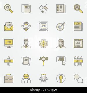 Icone colorate per la ricerca di un lavoro. Insieme vettoriale di segnali creativi relativi alle risorse umane e all'occupazione Illustrazione Vettoriale