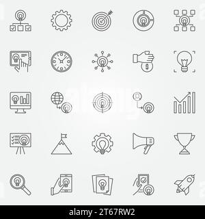 Set di icone di avvio. Simboli aziendali di Start-up vettoriali o elementi di progettazione in stile sottile Illustrazione Vettoriale