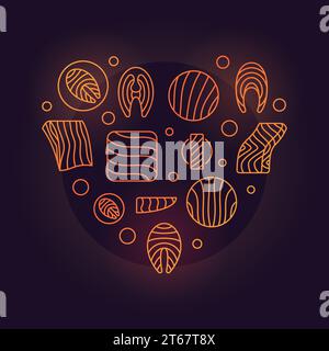 Filetto di salmone o trota a forma di cuore colorato simbolo creativo vettoriale realizzato con filetti, bistecche e altri pesci rossi in stile sottile sul retro scuro Illustrazione Vettoriale