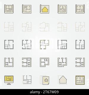 Gli appartamenti offrono icone colorate. Insegne planimetriche creative vettoriali o elementi di progettazione architettonica Illustrazione Vettoriale