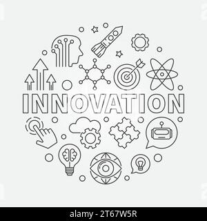 Illustrazione del concetto di innovazione vettoriale rotondo fatta di icone di innovazione in stile sottile Illustrazione Vettoriale
