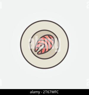 Bistecca di salmone o trota su piatto con icona piatta o elemento con logo Illustrazione Vettoriale