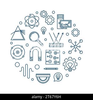 Illustrazione vettoriale rotonda di fisica fatta di icone scientifiche e didattiche in stile sottile Illustrazione Vettoriale