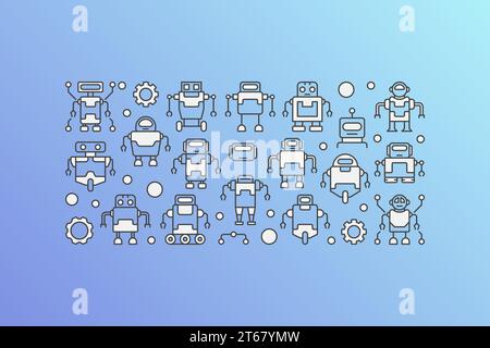 Banner Vector Modern con icone robot su sfondo blu. Illustrazione del concetto di robot Illustrazione Vettoriale