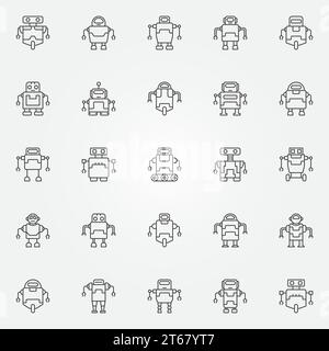 Icone robot impostate. Simboli concettuali o elementi di progettazione di robot vettoriali in stile linea sottile Illustrazione Vettoriale