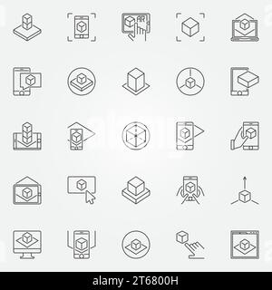 Set di icone di realtà aumentata. Cartelli o elementi di progettazione AR vettoriali in linea sottile Illustrazione Vettoriale