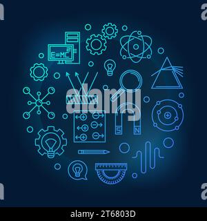Illustrazione blu vettoriale di fisica fatta di icone scientifiche ed educative in linea sottile su sfondo scuro Illustrazione Vettoriale