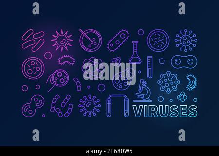 Virus illustrazione colorata vettore o banner realizzato con icone di linea virus e batteri su sfondo scuro Illustrazione Vettoriale