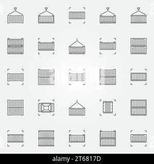 Set di icone dei contenitori - raccolta vettoriale dei simboli dei contenitori di trasporto o elementi di design in linea sottile Illustrazione Vettoriale