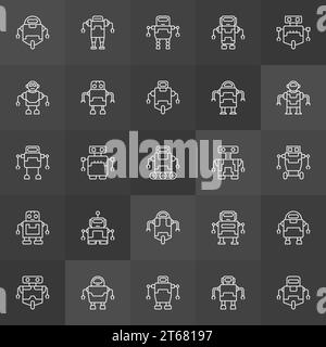Raccolta di icone robot. Il profilo vettoriale delinea i segni del robot o gli elementi del logo su sfondo scuro Illustrazione Vettoriale