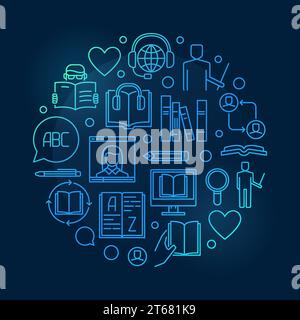 Illustrazione di apprendimento delle lingue straniere. I corsi di lingua vettoriale delineano il simbolo su sfondo scuro Illustrazione Vettoriale